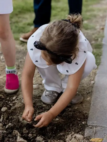 Devojčica čuči i obema rukama sadi u rastresitu zemlju, snimljeno odozgo