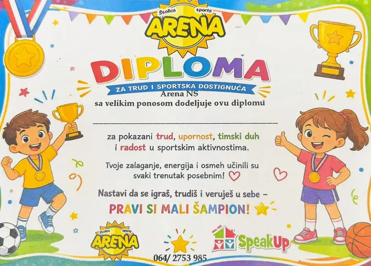 Diploma „Za trud i sportska dostignuća” koju društvo sporta Arena NS dodeljuje deci, sa logotipima Arena i Speak Up